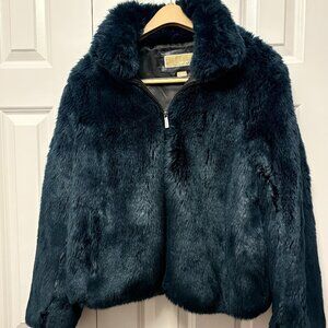 Michael Kors Blue Faux Fur Jacket w/ Leather Trim size Women's Large